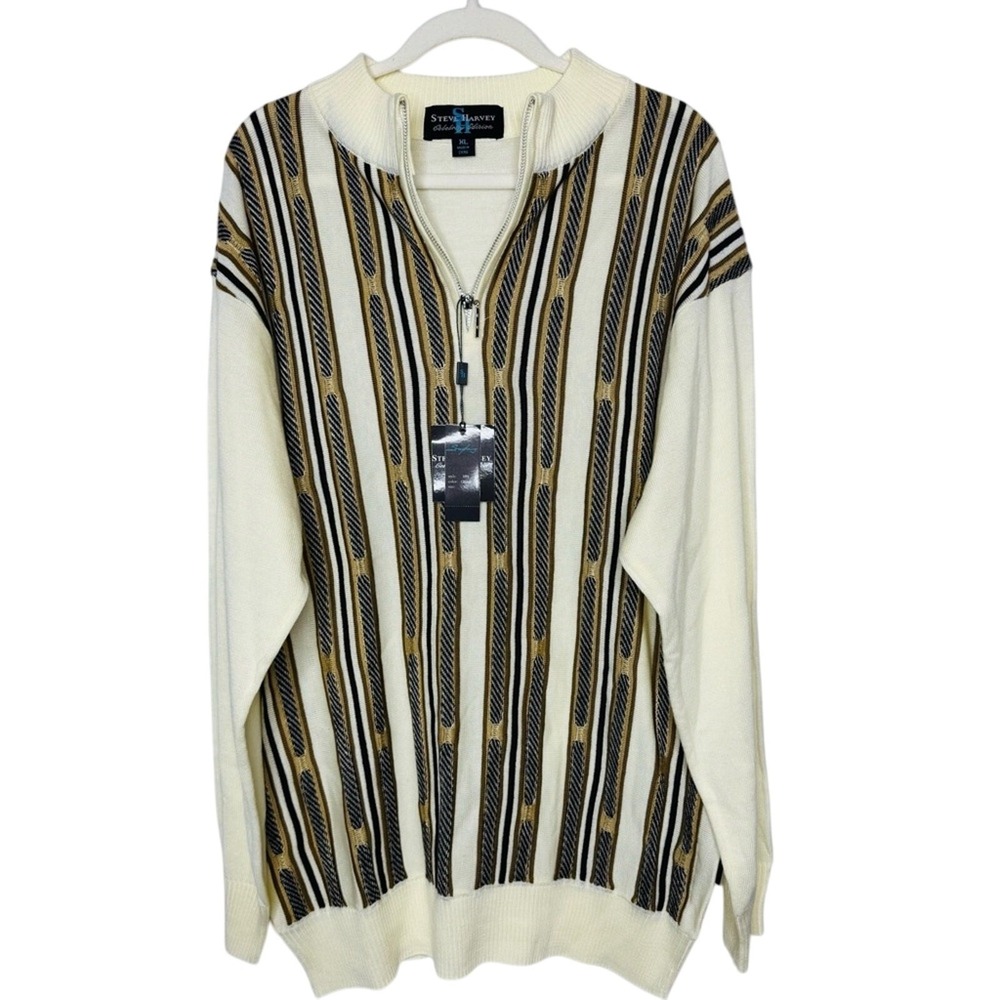 Steve Harvey Celebrity Pullover Cream Sweater XL Indie 1/4 Zip  Stripe‎ Cosby